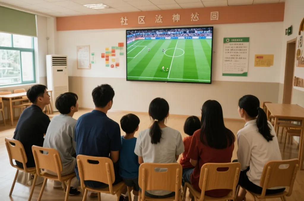 社区活动中心内,一群家庭和年轻人围坐在大屏前观看足球比赛,氛围温馨有序